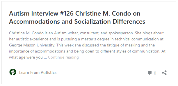 A screenshot of the opening paragraph of Christine's interview on the Learn From Autistics website